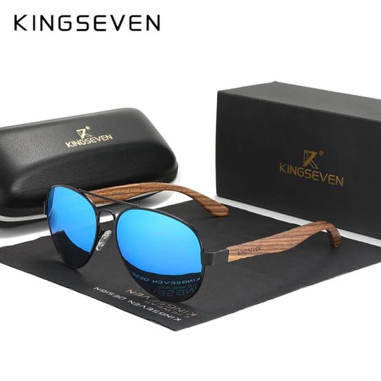KINGSEVEN 5518 Pilotenbril - Zwart Frame met Spiegelblauwe Lenzen & Houtlook Pootjes