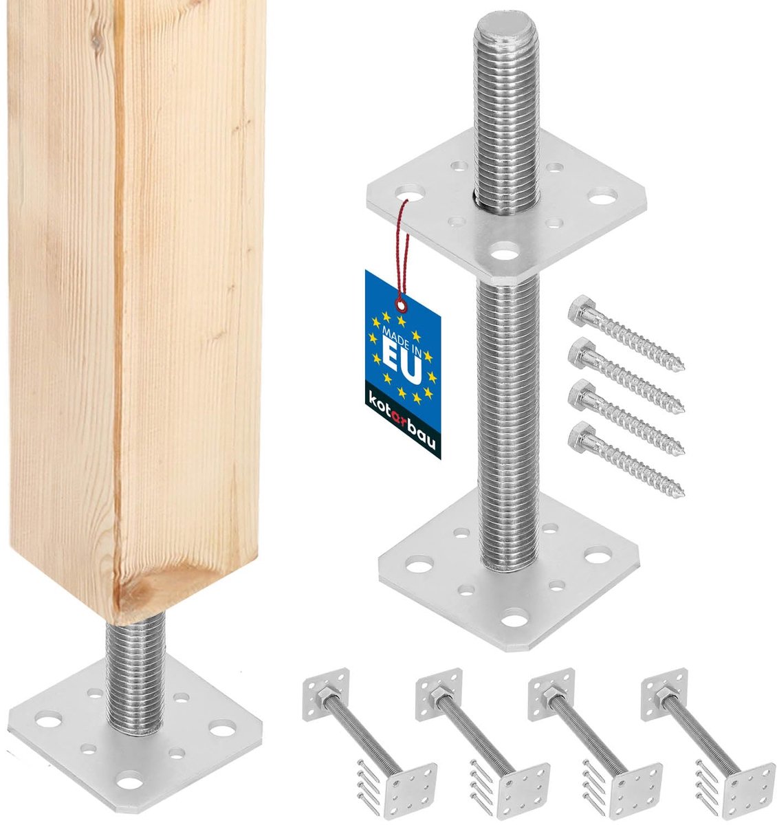 KOTARBAU® 4 stuks Paalhouder, Paalvoet, Verzinkt Staal, 80 x 80 x 250 mm, M24, Zilver, Paalsteun, Regelbare Paalhouder, voor Beton, Verstelbare Paalvoet, Gegalvaniseerde Paaldrager