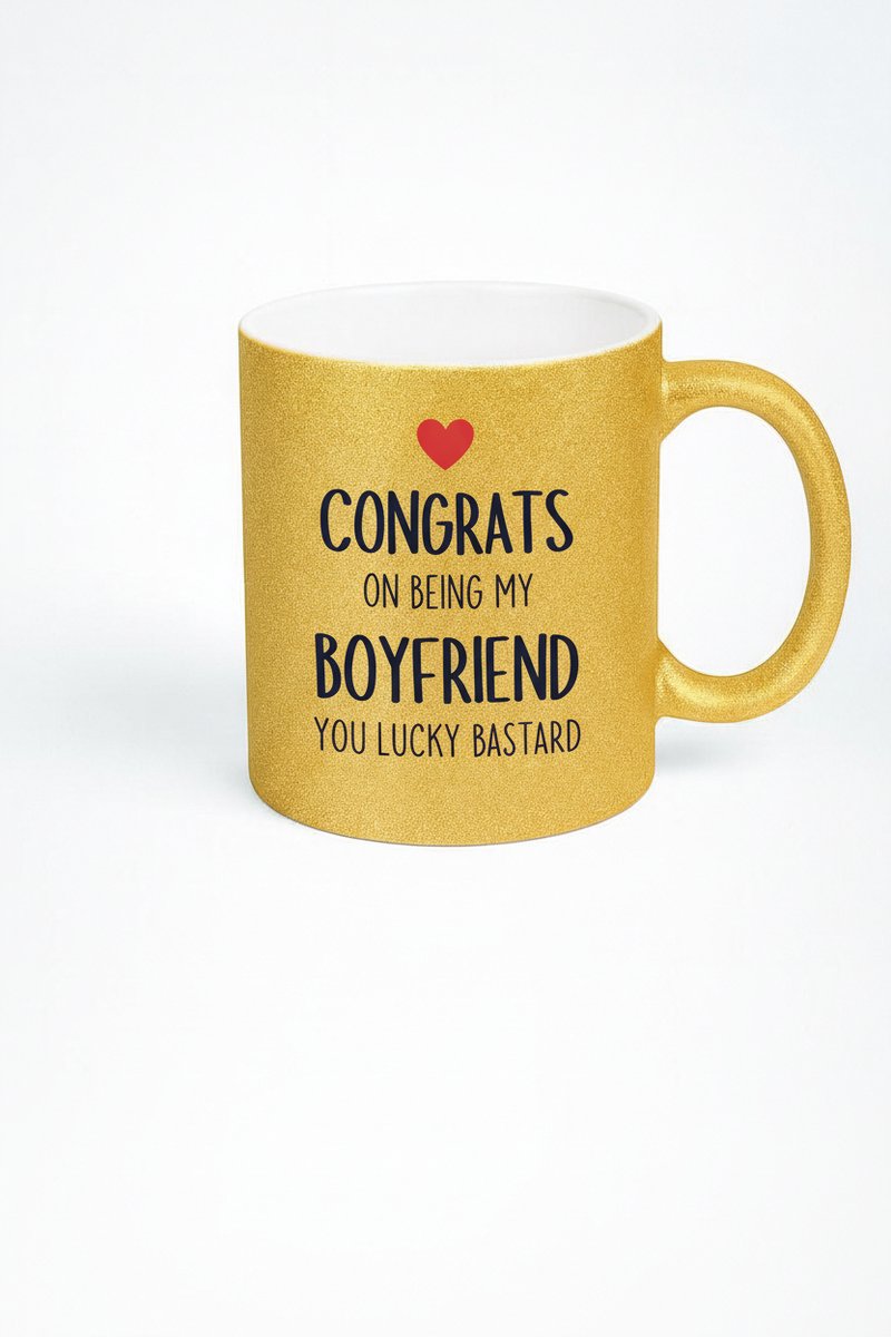Gouden Glitter Mok 'Congrats On Being My Boyfriend' - Grappig Cadeau Vriendje