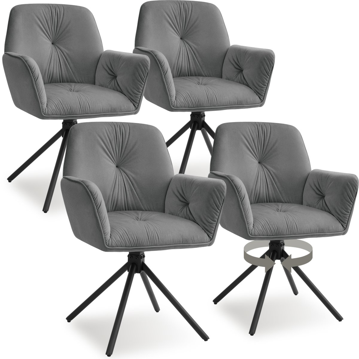 Tectake Draaifauteuil Lenia - Set van 4 Draaifauteuils met Armleuning - Draaibare Eetkamerstoel - Draaibare Fauteuils - Gestoffeerd - Fluweellook Antraciet/Zwart
