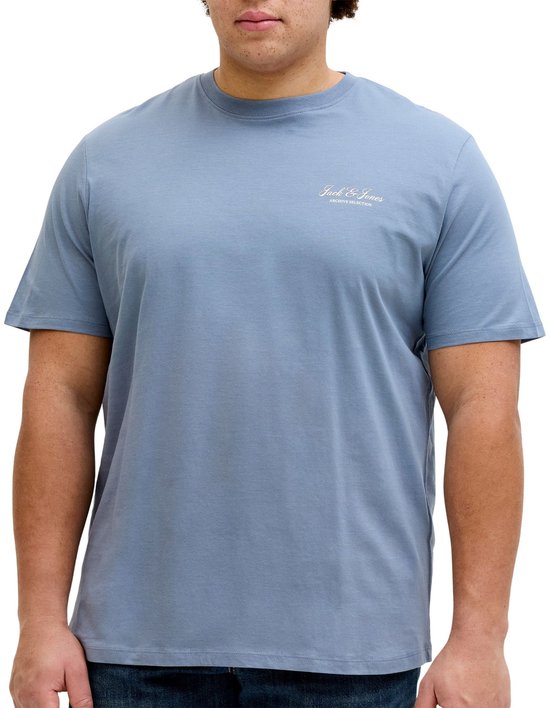 Homme portant un t-shirt bleu gris uni et un jean.