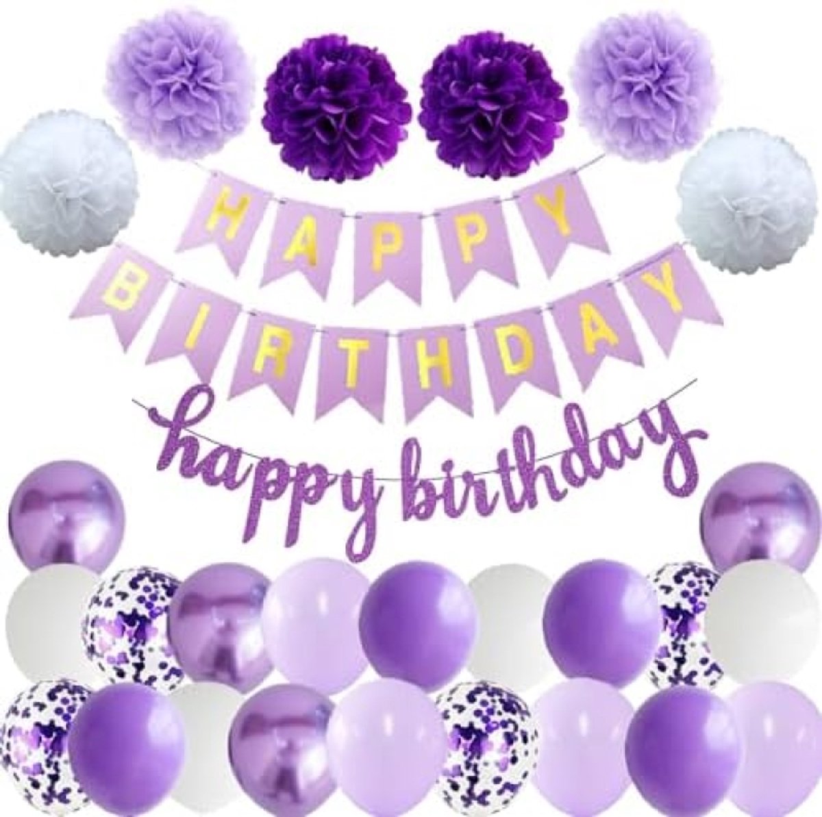 Verjaardagsdecoratieset met slinger, ballonnen en pompons
