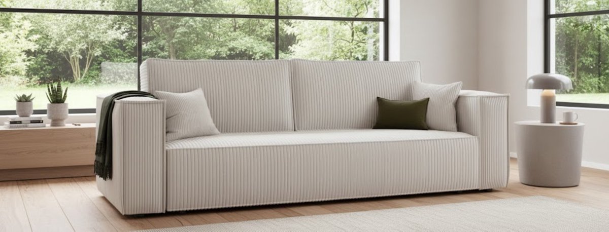 LUXE 3-Zits Slaapbank Ribfluweel Beige – Moderne Bedbank met Opbergruimte, Comfortabel Zit- en Ligoppervlak, 255 x 105 cm UrbanHome