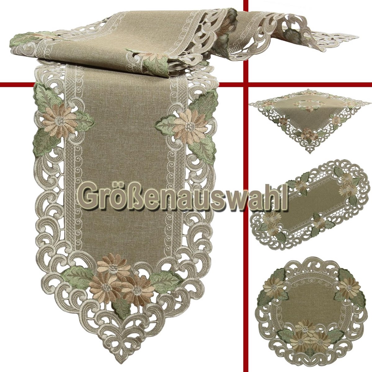Ovaal Tafelkleed en Tafelloper Set Linnenlook met Bloemige Borduring Groen-Beige