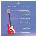 Red VISIONSTRING basgitaar met witte slagplaat, C-vormige hals en vlakke kop.
