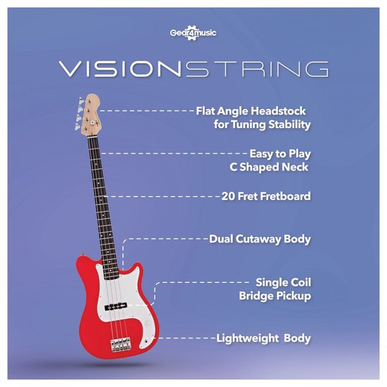 Red VISIONSTRING basgitaar met witte slagplaat, C-vormige hals en vlakke kop.