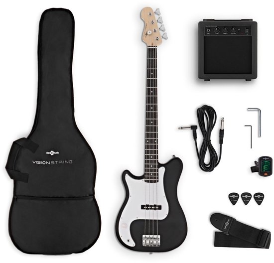 Compleet basgitaarpakket: zwarte basgitaar, versterker, gig bag, kabel, plectrums, stemapparaat, band en inbussleutels.