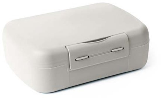 Een lichtgrijze, gesloten lunchbox met een grijze sluiting.