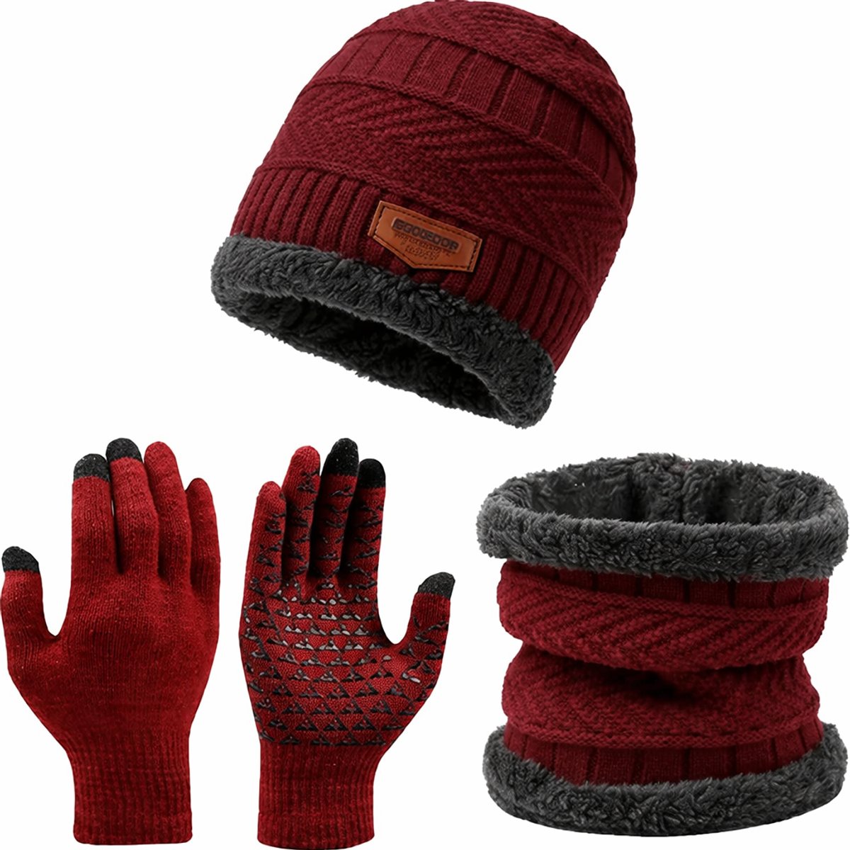 Winterset - Gebreide Beanie Muts, Col-Sjaal & Touchscreen Handschoenen - Wol Gevoerd - Warme Baggy Skimuts - Winter Muts, Nekwarmer en Touchscreen Handschoenen Set voor Heren & Dames - Ideaal voor Skiën & Outdoor - Rood