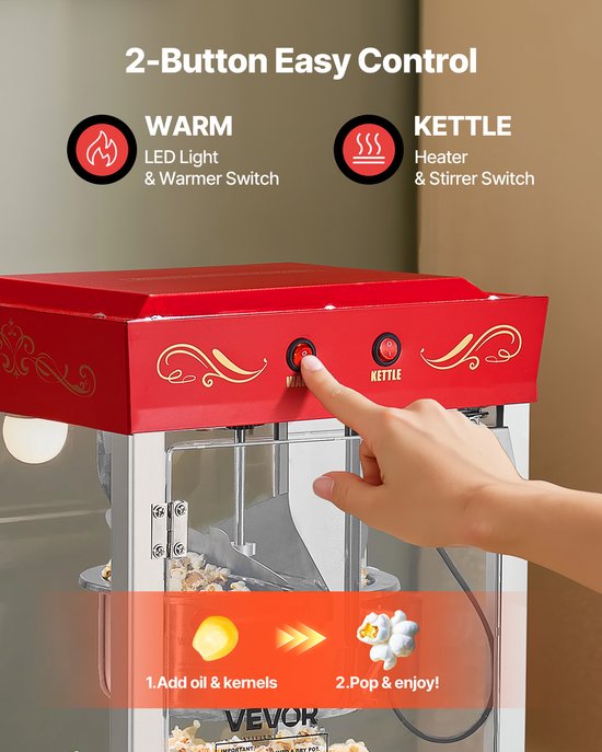 VEVOR Popcornmachine 800w Popcornmaker 48 Kopjes Lading Rood Reclame — afbeelding 3