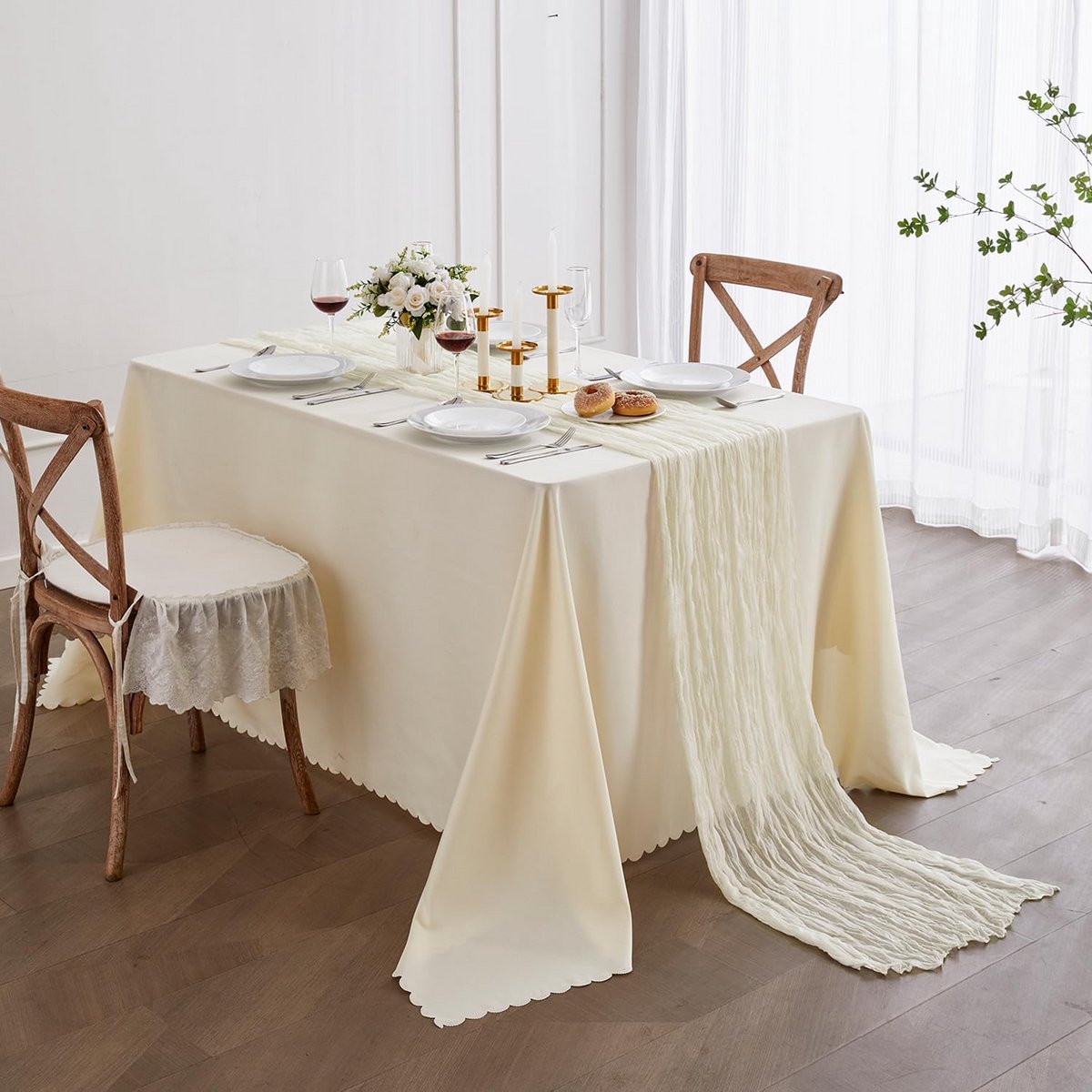 Set van 2 Beige Rustieke Tafellopers voor Bruiloften en Feestdecoratie
