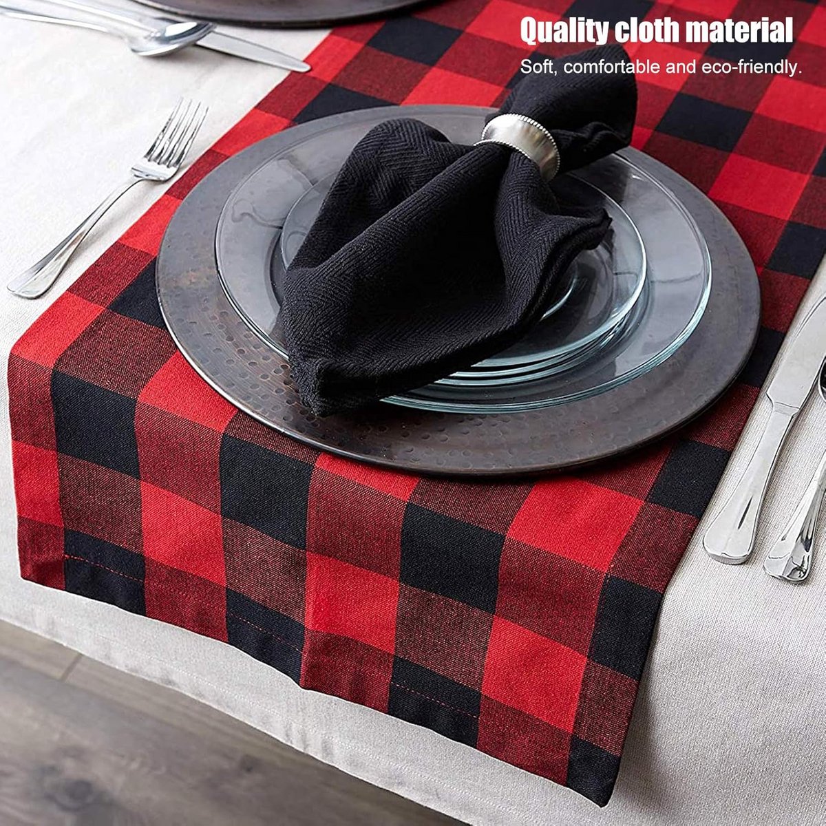 Tafelrunner 210x35 cm Rood Zwart Geruit Kerst Decoratie Tafelkleed