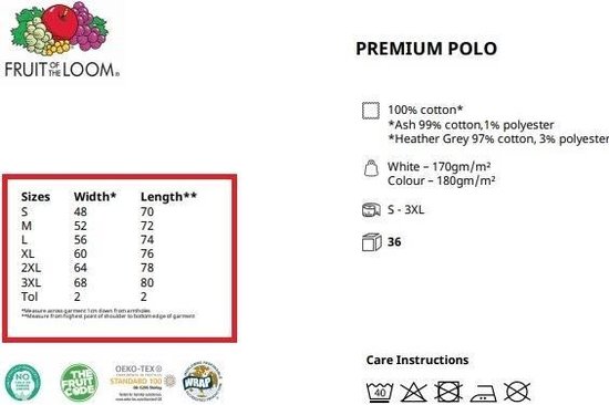 Maattabel voor Fruit of the Loom Premium poloshirt met materiaalspecificaties en wasvoorschriften.