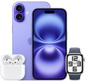iPhone violet, Apple Watch et AirPods blancs dans leur boîtier, groupés.
