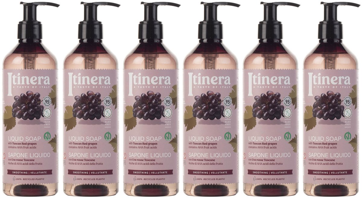 ITINERA - Gladmakende Vloeibare Zeep met Toscaanse Rode Druiven, 95% Natuurlijke Ingrediënten 370 ml (6 stuks)