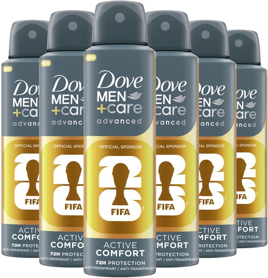 Verpakking van zes Dove Men+Care Advanced Active Comfort anti-transpirant sprays. Officieel sponsor van FIFA.
