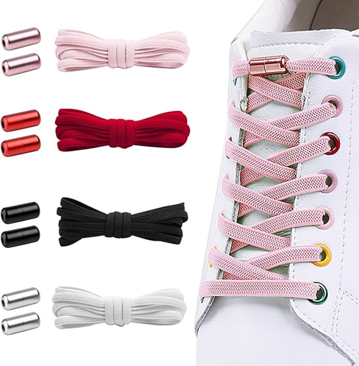 Famanu – Elastische schoenveters, universeel, metalen capsules, strikloos systeem, geschikt voor hardlopers, ouderen, kinderen, 110 cm, comfortabel