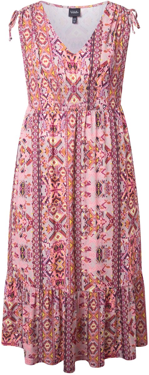 Ulla Popken - Dames - Maxi-jurk grafische print V-hals mouwloos - Roze - Maat 42+