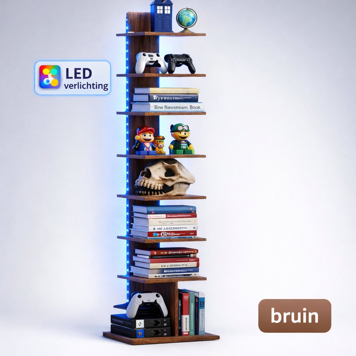 Signature Home Boekenkast – Boekenrek - boekenkast kind - hoekrek - Hoekplank - met led verlichting - Bruin