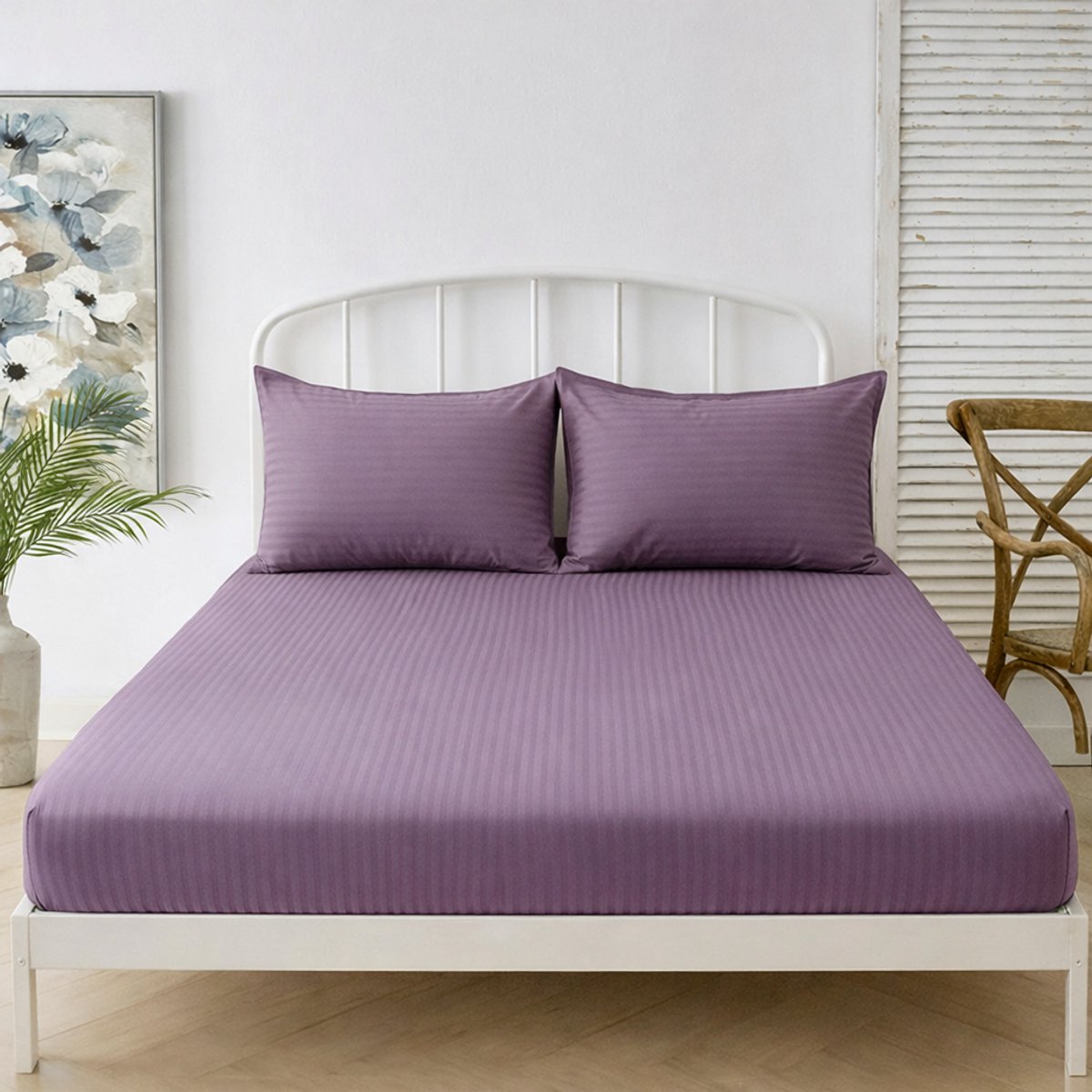 Boraboi® Luxe 3-delige Hoes Laken Set Katoen ,Satijnlook,Gestreept ,Pruim Kleur 140 x 200 cm