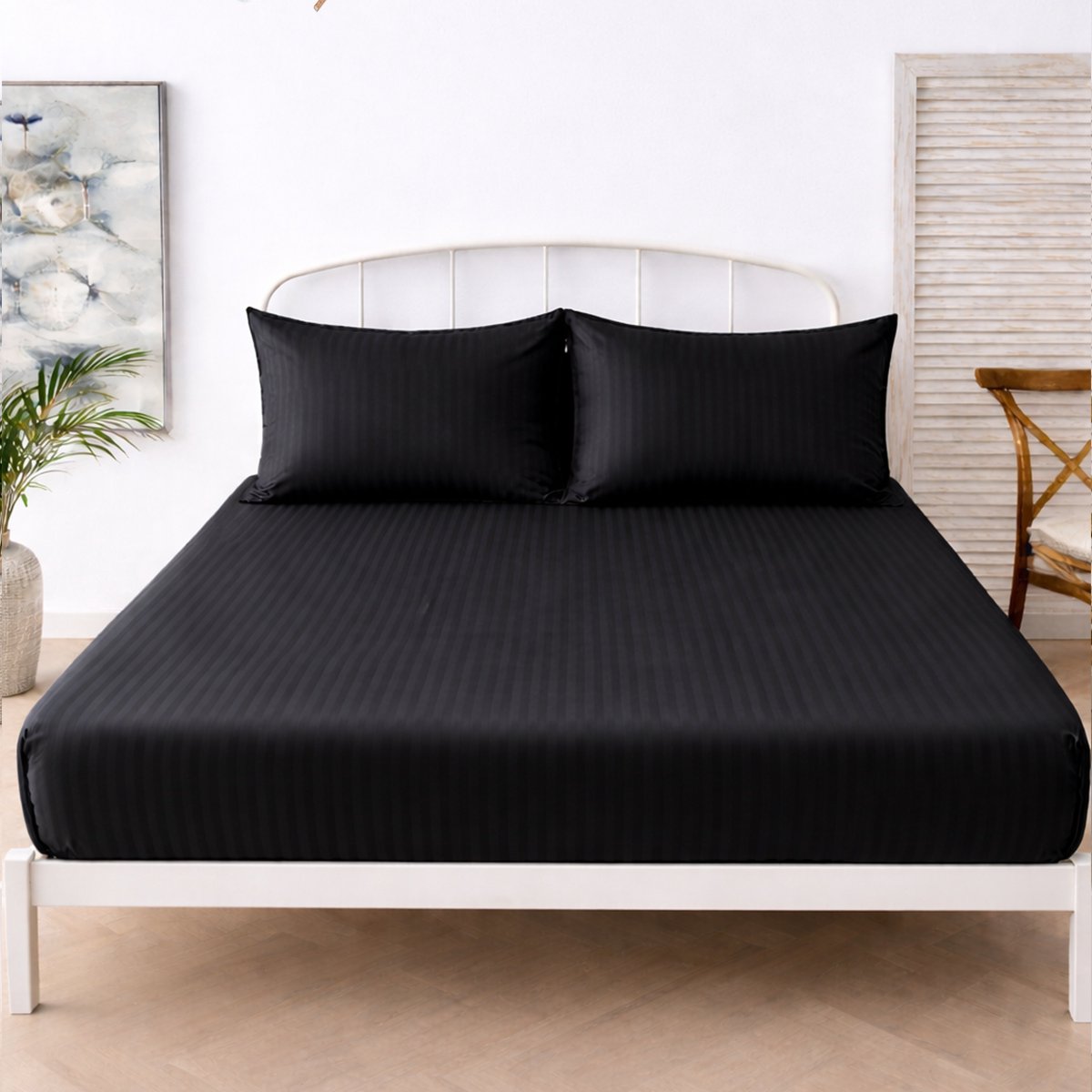 Boraboi® Luxe 3-delige Hoes Laken Set Katoen ,Satijnlook,Gestreept ,Zwart 140 x 200 cm