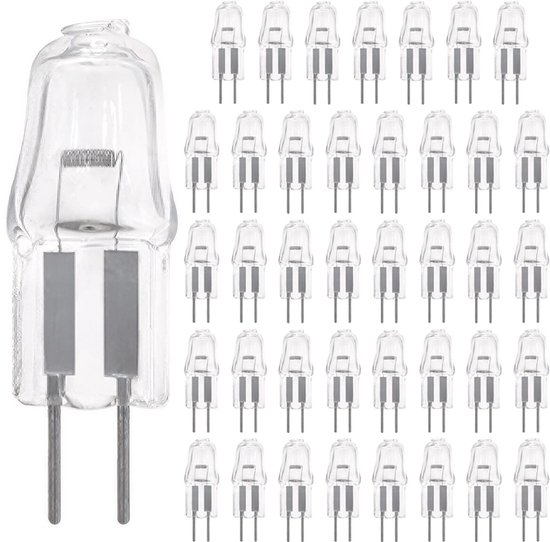 Een close-up van een enkele G4 halogeenlamp naast een groep van 39 identieke lampen.