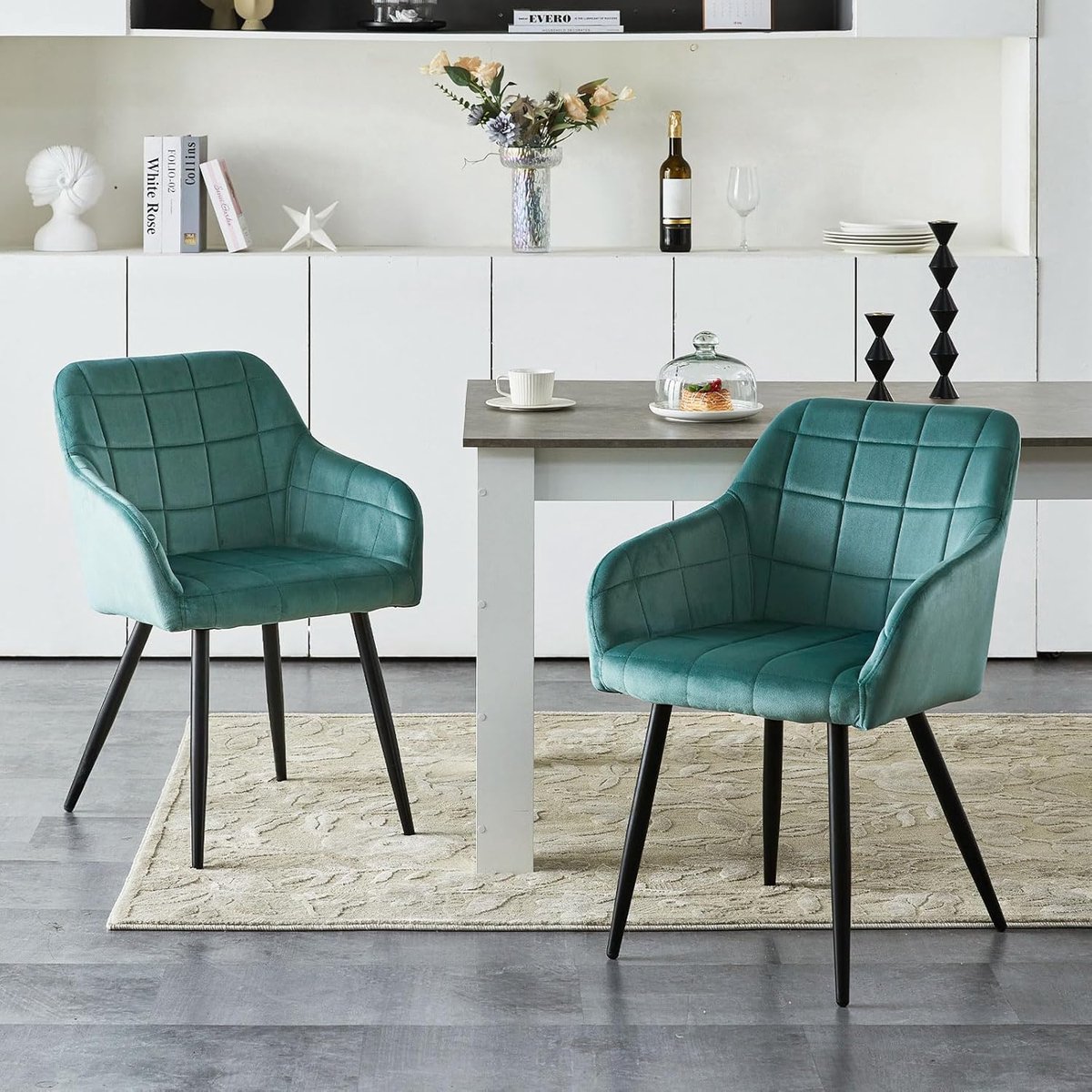 Eetkamerstoelen Set van 6 – 65x56x83 cm – Fluweel Turquoise – Met Armleuningen – Gestoffeerde Keukenstoelen met Metalen Poten – Modern & Ergonomisch – Abkantoor