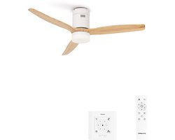 CREATE - Stille 40W plafondventilator met technische ABS bladen in verschillende maten - Met licht - Controller voor wandmontage - Wit / Licht houtlook - WIND CALM