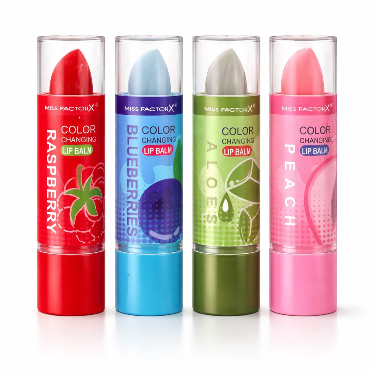 4 stuks Miss FactorX Color Changing Lip Balm Set – pH Lippenbalsem – Raspberry, Blueberry, Aloe & Peach