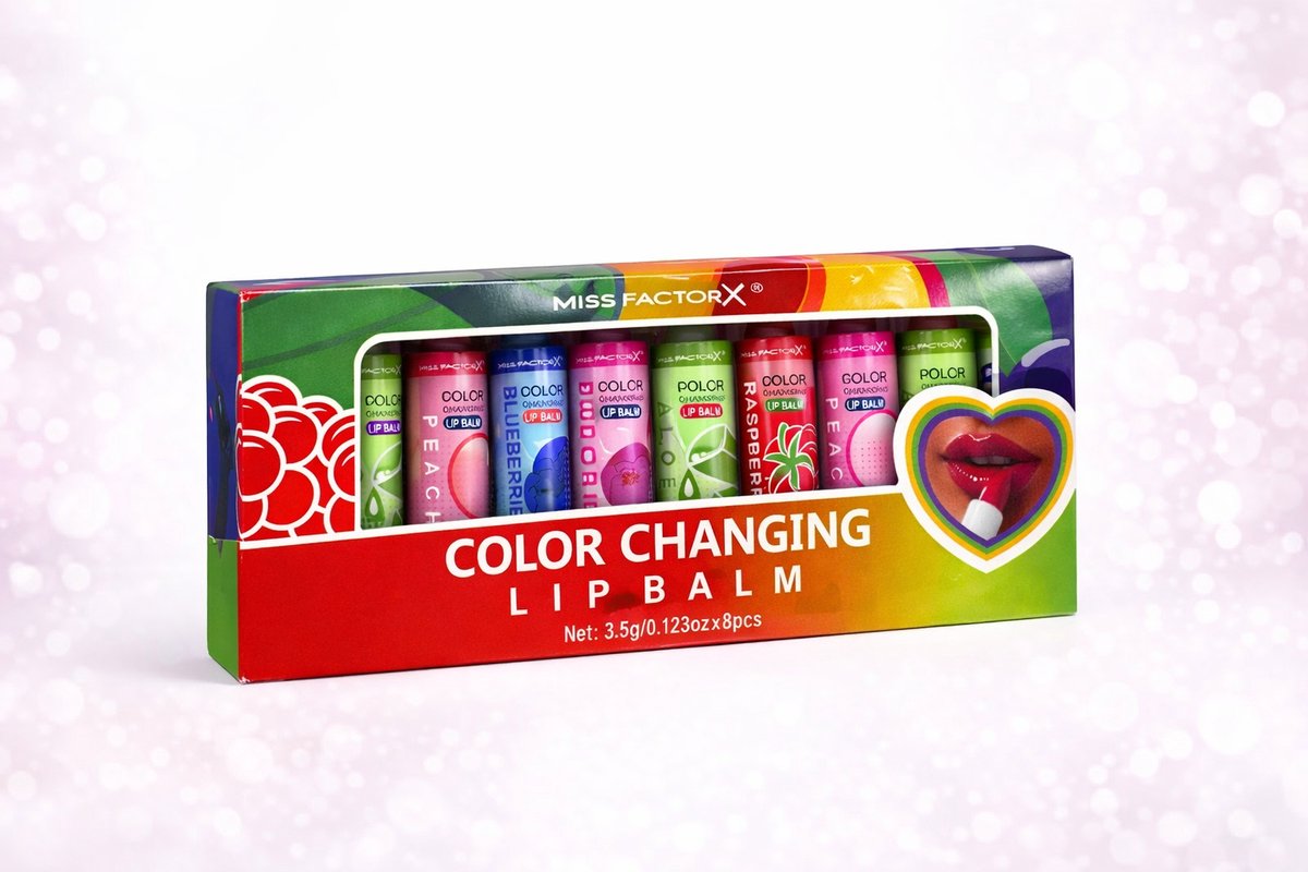 8 stuks Miss FactorX Color Changing Lip Balm Set – Double pack – Raspberry, Blueberry, Aloe & Peach – pH Lippenbalsem