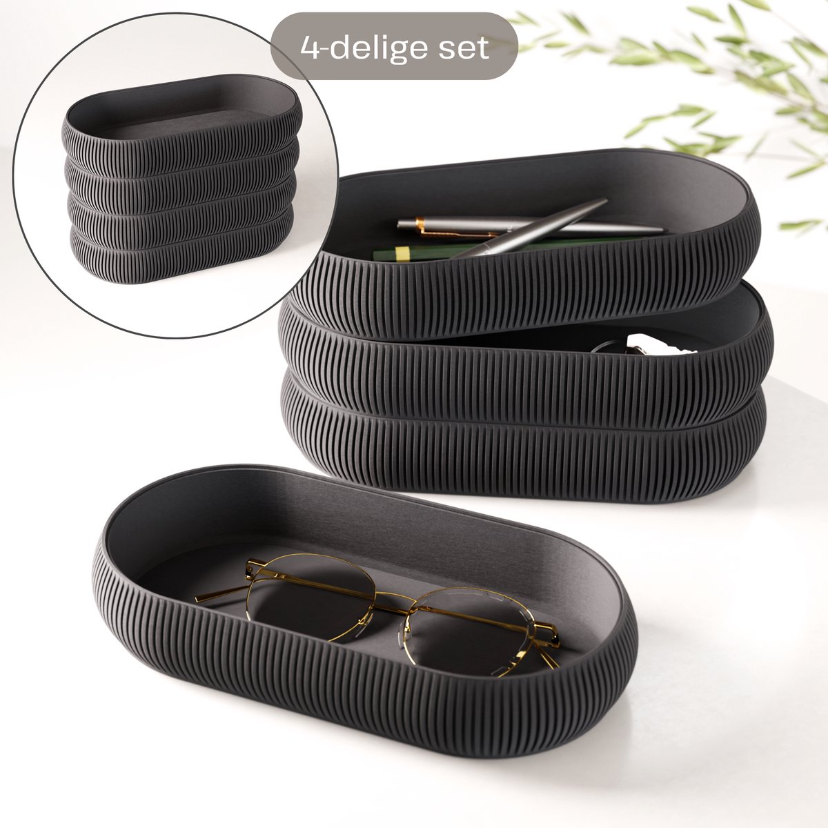 Fleuriek – Stapelbare organizer set 4-delig – Mix & match opbergsysteem – Trays + pennenhouder voor kantoor, bureau, badkamer & keuken – Zwart