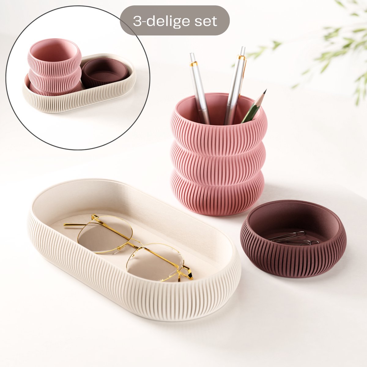 Fleuriek - Bureau organizer set 3-delig - Stapelbaar & modulair - Pennenhouder met opbergbakjes voor bureau, keuken, badkamer & make up - Roze-Rood-Beige