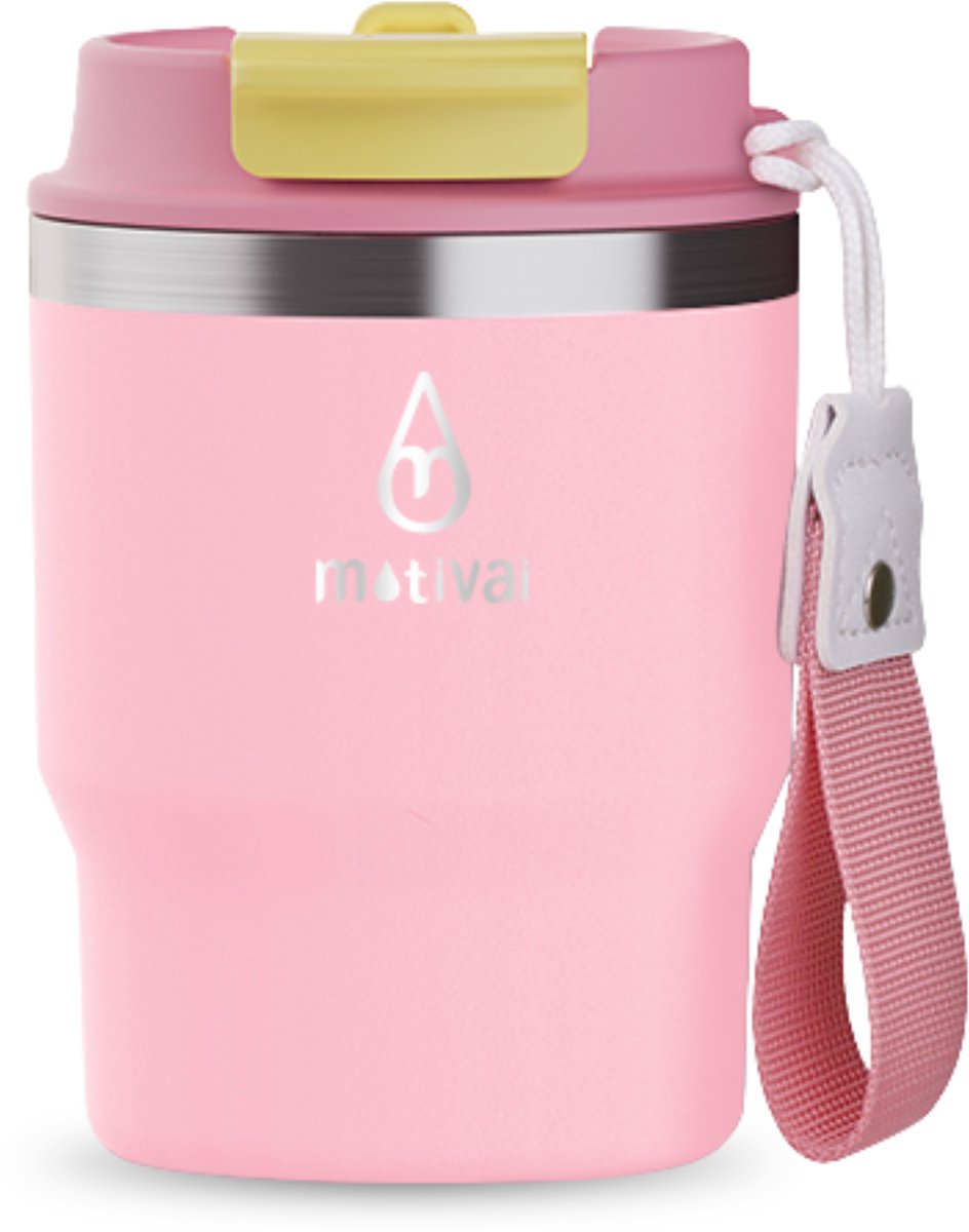 Motivai Outdoor RVS Thermosbeker To Go – 355ML – 100% Lekvrij & Dubbelwandig – Koffiebeker met Deksel & Rietje – Roze
