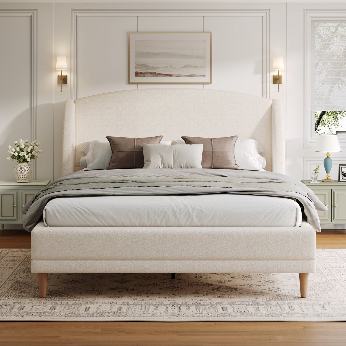 140x190 cm tweepersoonsbed - hoofdeinde in oortjesvorm - gebogen ontwerp - massief houten bedframe - ivoorwit - zonder matras