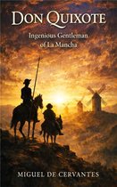 Don Quixote: Ingenious Gentleman of La Mancha door Miguel de Cervantes. Twee ruiters te paard kijken uit over een mistige vallei met windmolens bij zonsondergang.