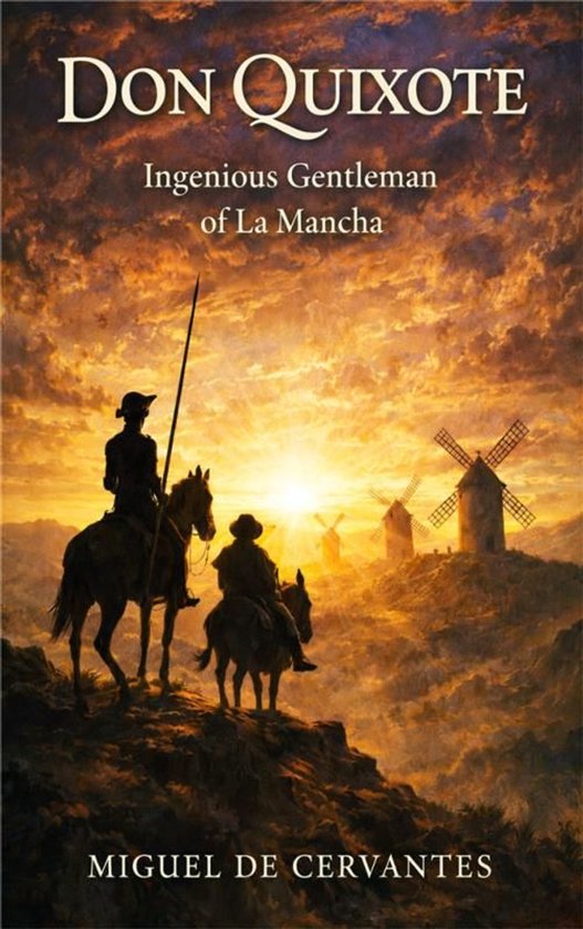 Don Quixote: Ingenious Gentleman of La Mancha door Miguel de Cervantes. Twee ruiters te paard kijken uit over een mistige vallei met windmolens bij zonsondergang.
