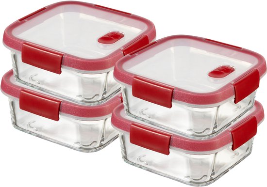 Curver Smart Cook Boîte de conservation - Verre avec couvercle - Carré - 4 x 0,7L - Rouge/Transparent