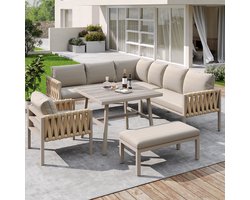 HAUSS SPOLE Loungeset 5 Delig 238 Cm - Hoekbank Met Verstelbare Poten En Glazen Tafel - Voor Tuin En Terras - Metaal - Beige