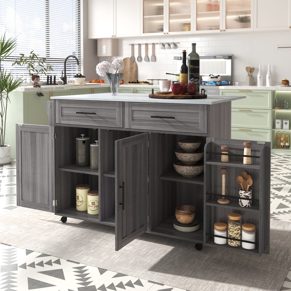 OKWISH Keukentrolley - Uitschuifbaar Werkblad - Keuken En Eetkamer - MDF Grijs Wit - 129x71x91,5 Cm