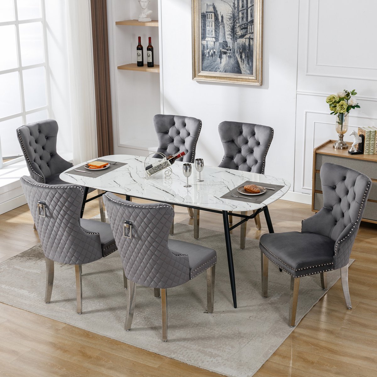 HAUSS SPOLE Eetkamerstoel - Fluwelen Bekleding Met Gecapitonneerd Zitkussen - Metalen Poten Voor Eetkamer En Woonkamer - Grijs - 62,5x53x94,5 Cm