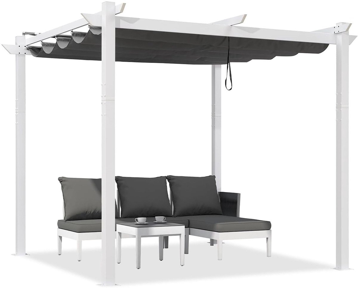 Purple Leaf Pergola avec toit de protection 3 x 3 m - structure blanche, toile grise