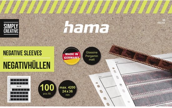 Hama Negatiefhoezen verpakking, 100 stuks voor 24x36mm fotorolletjes. Gemaakt in Duitsland.