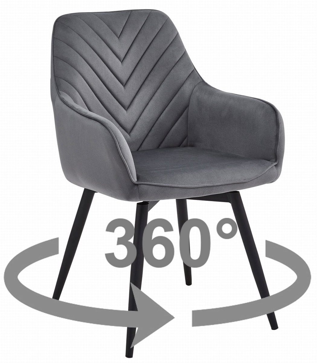 LEOBERT Eetkamerstoel NANA360 – Donkergrijs Velvet – 360° Draaibaar – Zwarte Metalen Poten