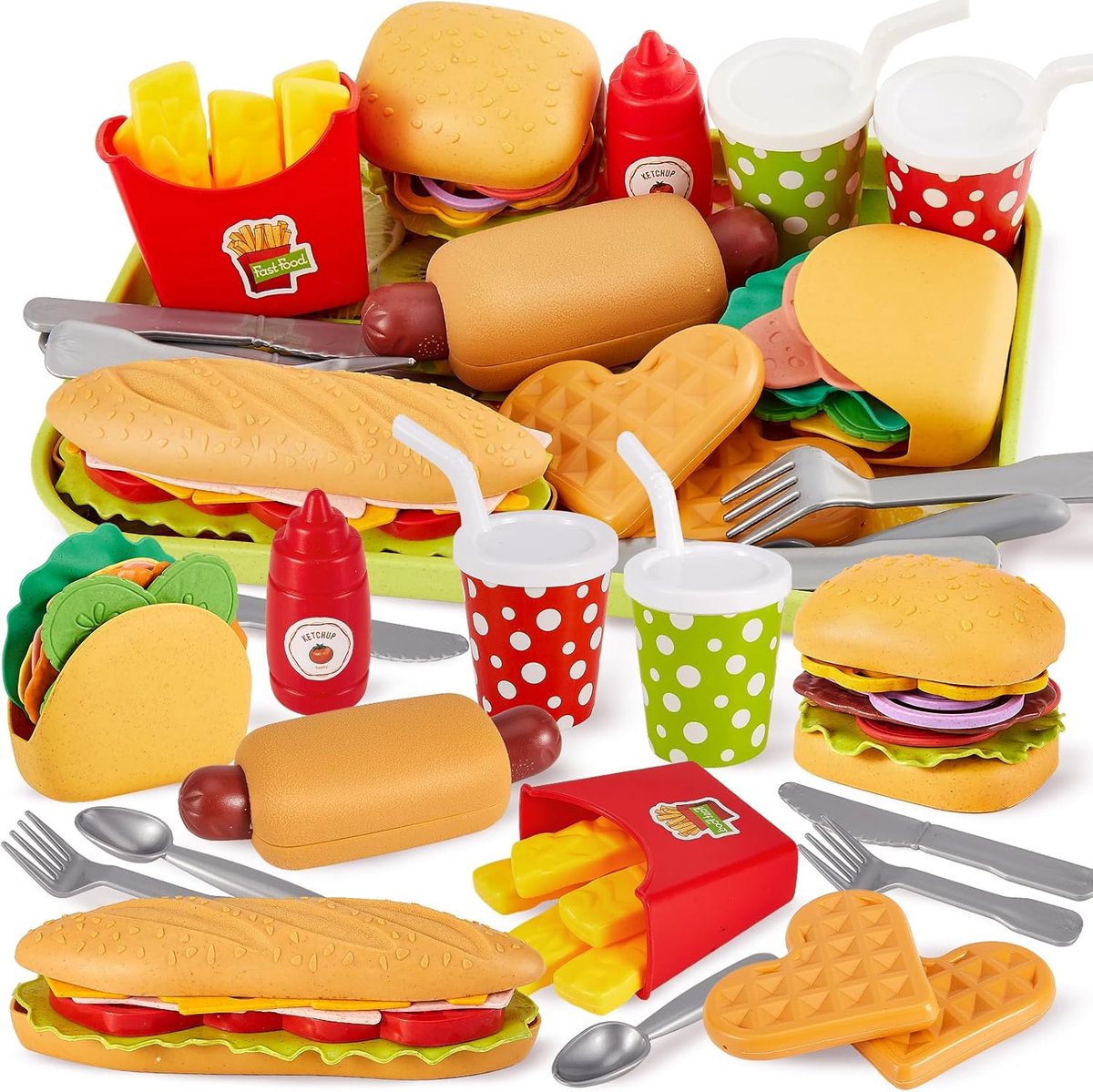 Speelgoedset met eten - Speelgoed fastfood - Speelkeukenaccessoires voor kinderen, peuters en kleuters - Plastic speelgoedvoedselsets - Speelgoedcadeaus voor fantasiespel voor kinderen van 3, 4 en 5 jaar en ouder
