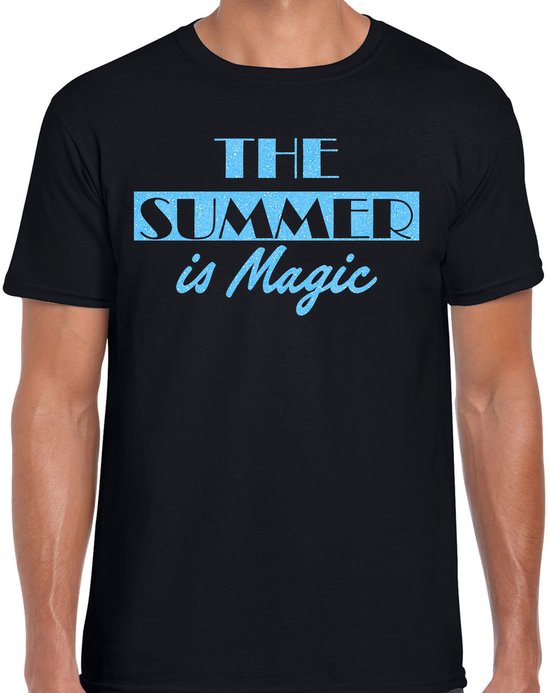 Toppers - Bellatio Decorations Toppers verkleed T-shirt heren - The summer is Magic - zwart - glitter blauw - Tropisch L