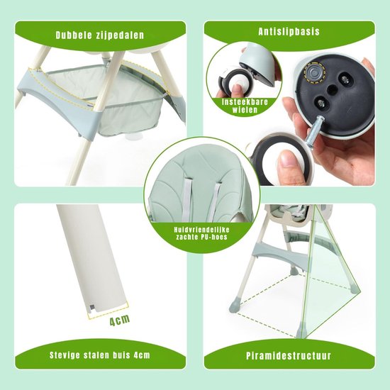Nexvo® Kinder Eetstoel - 3-in-1 Babystoel Voor Aan Tafel Met Dienblad - Baby Stoel Voor Eten Met Wieltjes - Meegroei Kinderstoel - Groen - 94cm x 75cm x 60cm van nexvo — afbeelding 4