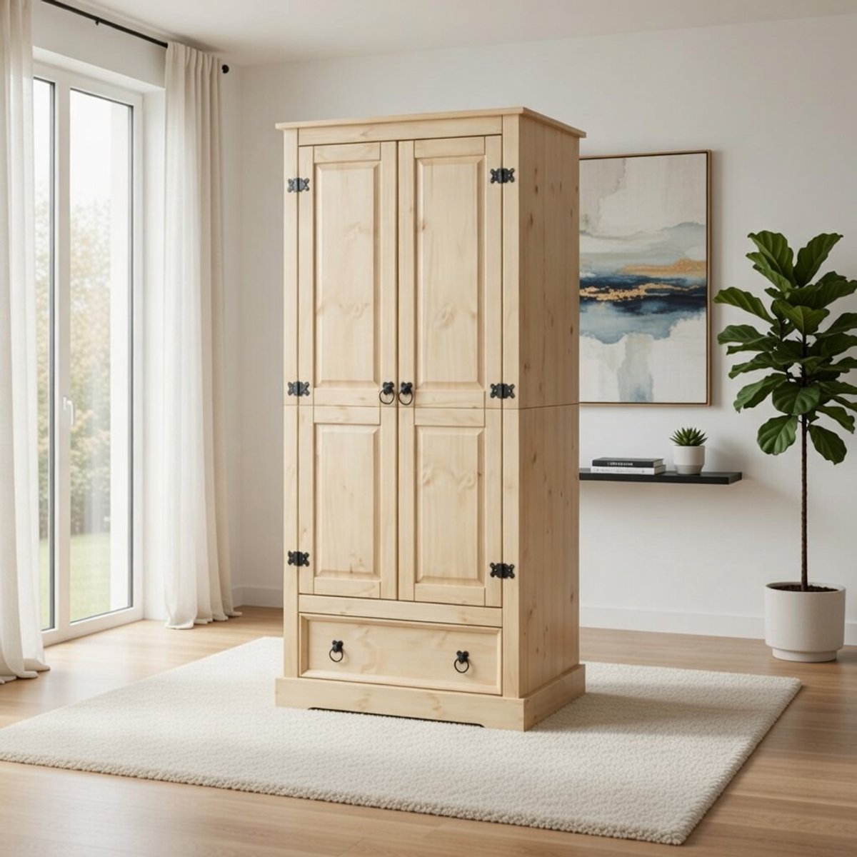 Luxe Houten Kledingkast Massief Grenen met Lade en Metalen Handgrepen – Draaideurkast voor Slaapkamer, Garderobekast met Veel Opbergruimte – Rustieke Pine Met Honey Wax Afwerking novihome