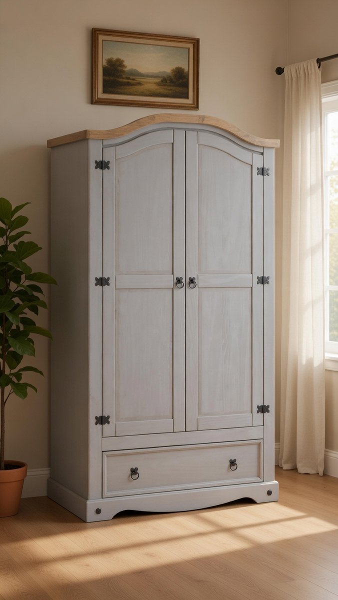 Landelijke Massief Grenen Kledingkast met Lade en Kledingroede – 2 Deuren – Grijs/Natuur – 103x188x57 cm – Koloniale Garderobekast – Opbergkast Slaapkamer – Novihome