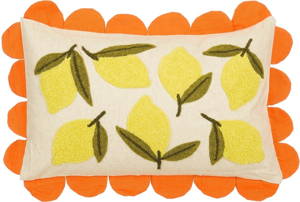 Mica Decorations Lemons Sierkussen - Kussen met Kussensloop - 65 x 45 cm - Kussens Woonkamer Woondecoratie - Binnenkussen Katoen - Woonkussen Off-White, Geel, Oranje Gebroken wit