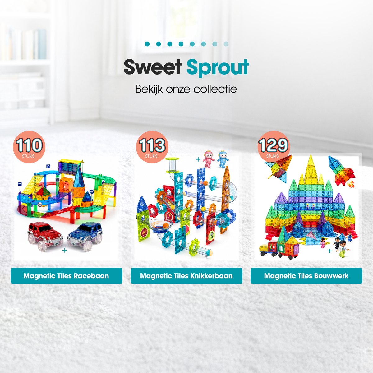 Magnetic tiles racebaan - 110 stuks - Magnetische tegels - Speelgoed - Travel set - Constructiespeelgoed - Magneet tegels - Montessori - Met 2 magna auto's — afbeelding 7